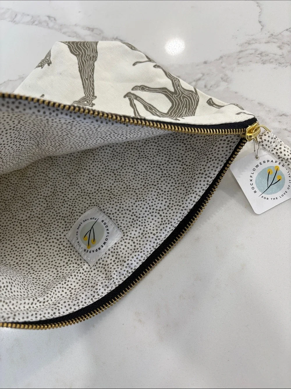 Rock Flower Paper Ivory White Grey Giraffe Print Canvas Large Pouch Cosmetic Bag
